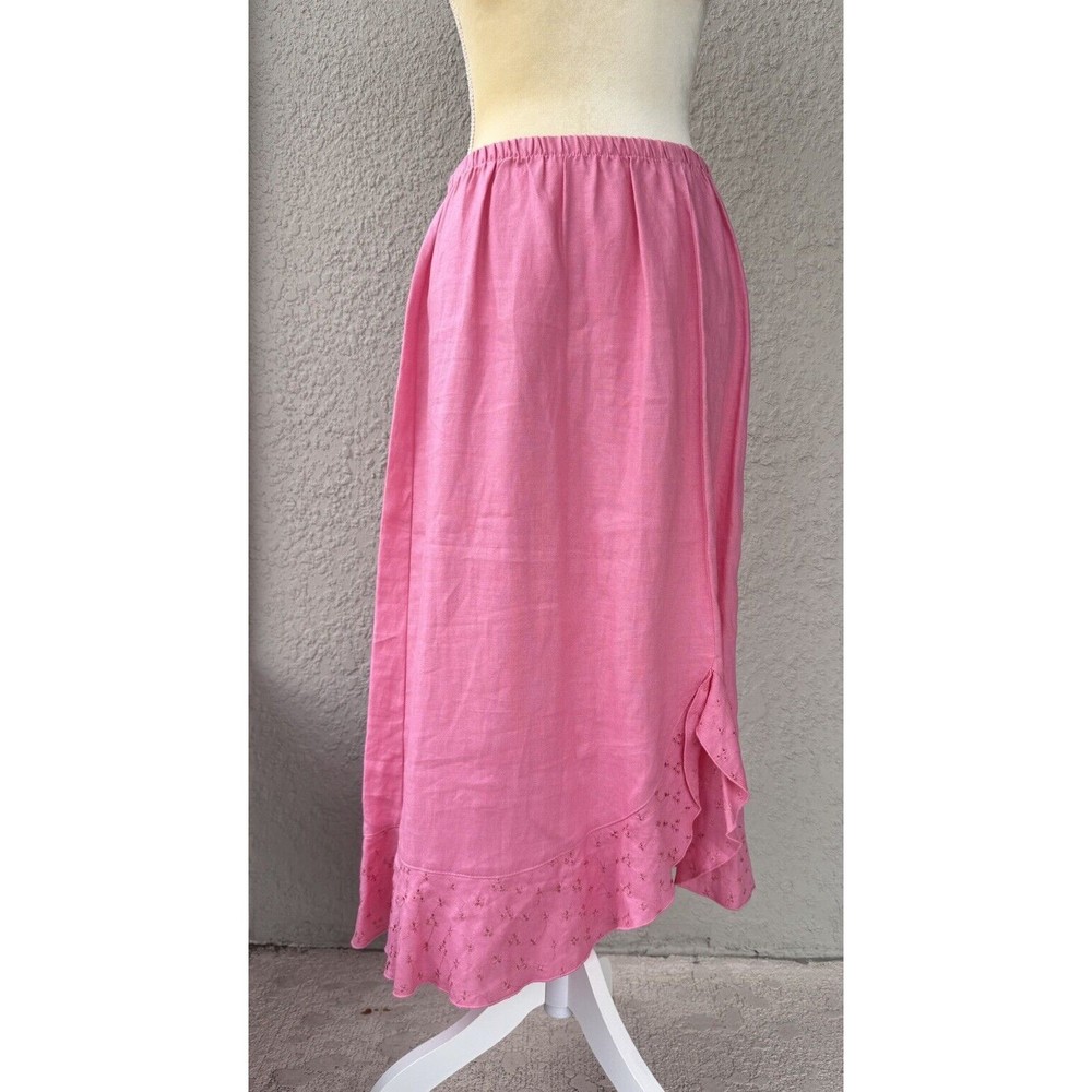 Chalet Linen Midi Pink Skirt Sz M USA Ruffle Embroidered Bottom Hem W28”-36”